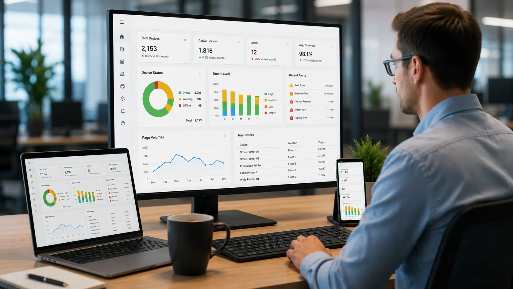 Managed print dashboard and monitored devices